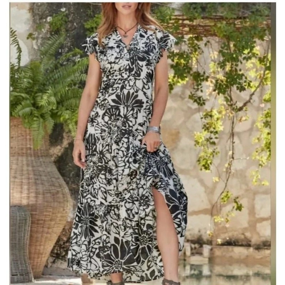 Sundance June Rose Black White Floral Maxi Dress Ruffled Cap Sleeve V Neck SZ PL